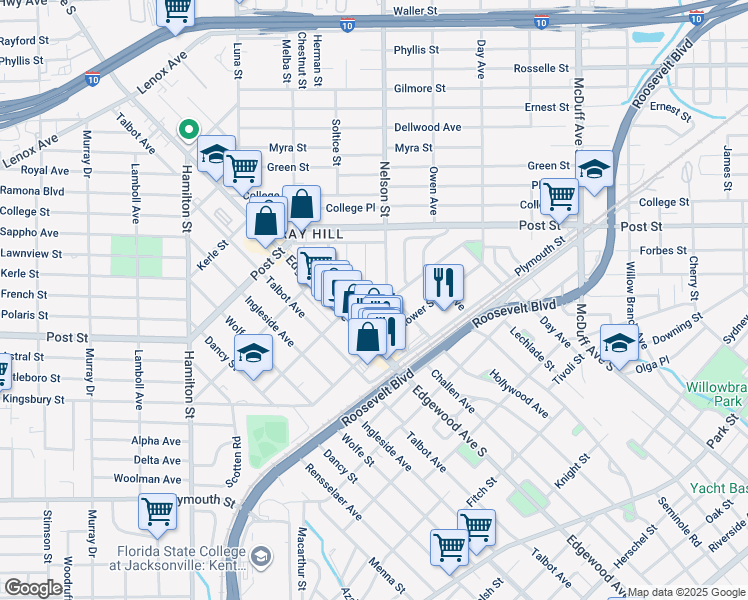 map of restaurants, bars, coffee shops, grocery stores, and more near 3505 Corby Street in Jacksonville