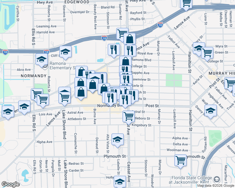 map of restaurants, bars, coffee shops, grocery stores, and more near 5044 French Street in Jacksonville