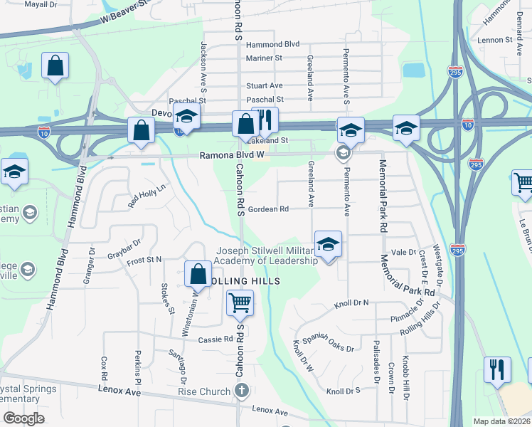 map of restaurants, bars, coffee shops, grocery stores, and more near 8006 Gordean Road in Jacksonville