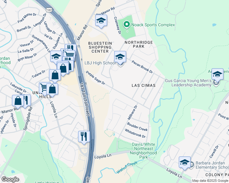 map of restaurants, bars, coffee shops, grocery stores, and more near 5309 Purple Sage Drive in Austin