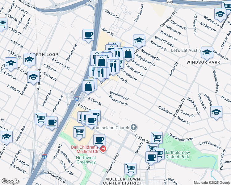 map of restaurants, bars, coffee shops, grocery stores, and more near 5303 Abingdon Place in Austin