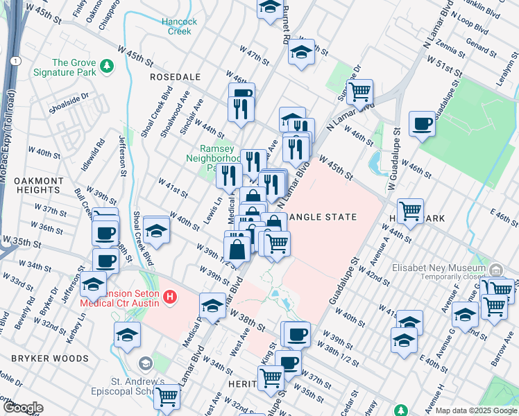 map of restaurants, bars, coffee shops, grocery stores, and more near 1107 West 42nd Street in Austin