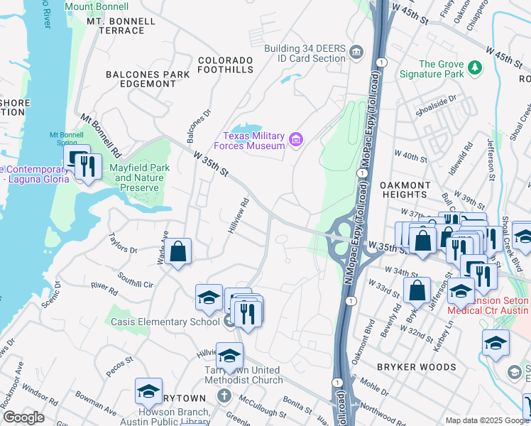 map of restaurants, bars, coffee shops, grocery stores, and more near 2612 West 35th Street in Austin