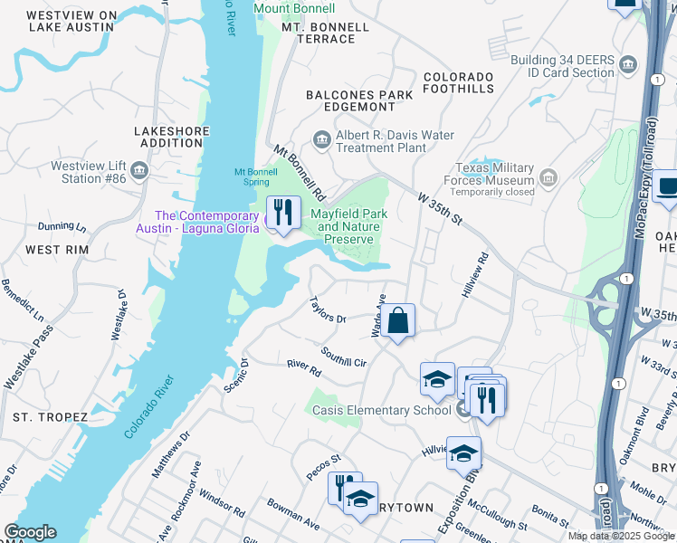 map of restaurants, bars, coffee shops, grocery stores, and more near 3702 Meadowbank Drive in Austin
