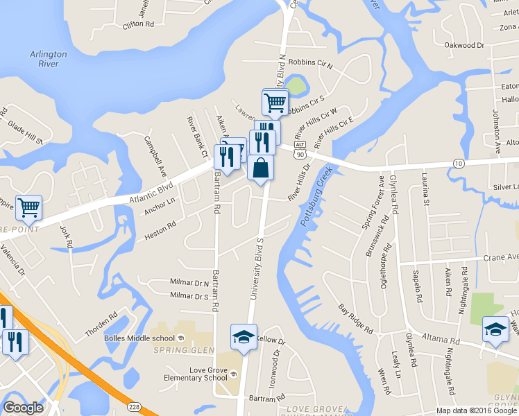 map of restaurants, bars, coffee shops, grocery stores, and more near 1822 University Boulevard South in Jacksonville