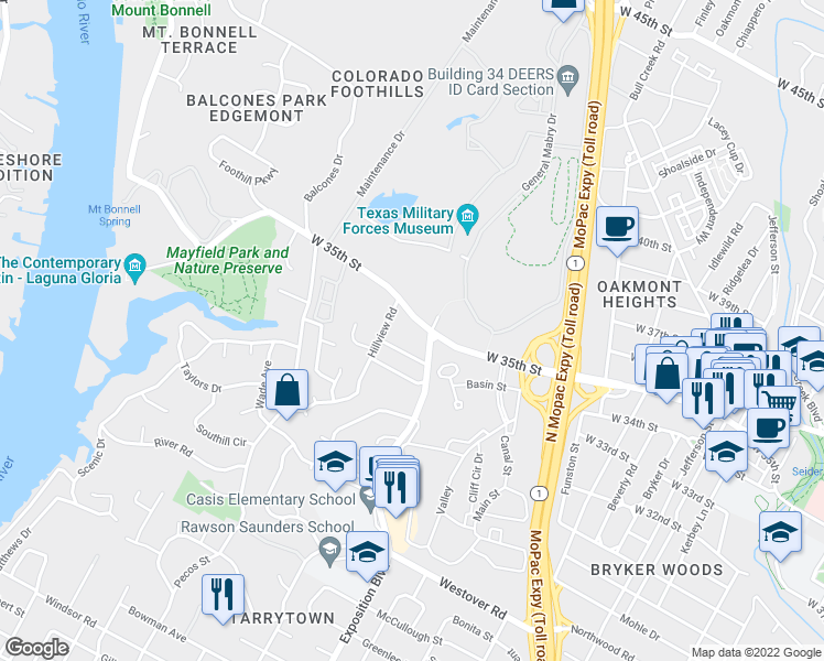 map of restaurants, bars, coffee shops, grocery stores, and more near 2705 West 35th Street in Austin