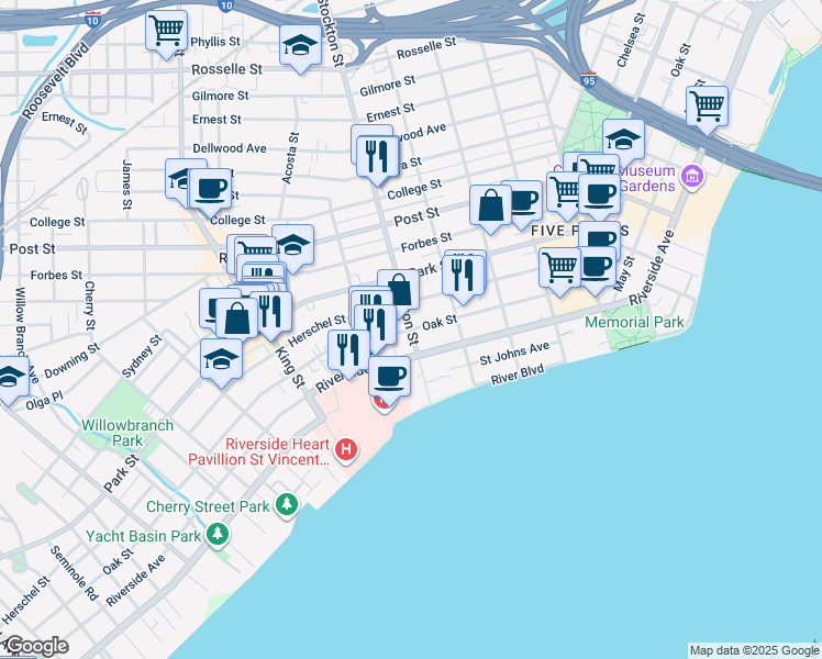 map of restaurants, bars, coffee shops, grocery stores, and more near Stockton Street & Oak Street in Jacksonville