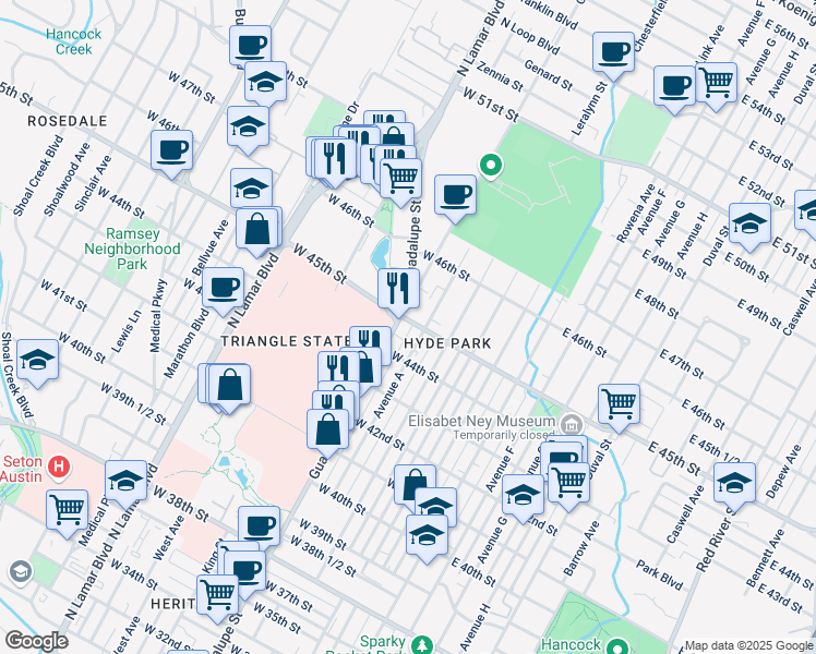 map of restaurants, bars, coffee shops, grocery stores, and more near in Austin