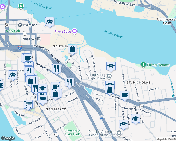 map of restaurants, bars, coffee shops, grocery stores, and more near 1016 Chatford Road in Jacksonville
