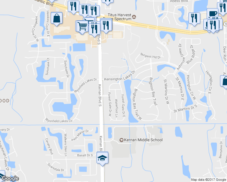 map of restaurants, bars, coffee shops, grocery stores, and more near 2052 Waterfoot Lane in Jacksonville