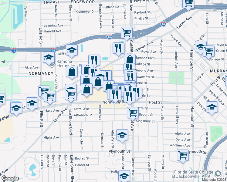 map of restaurants, bars, coffee shops, grocery stores, and more near 933 Garth Avenue in Jacksonville
