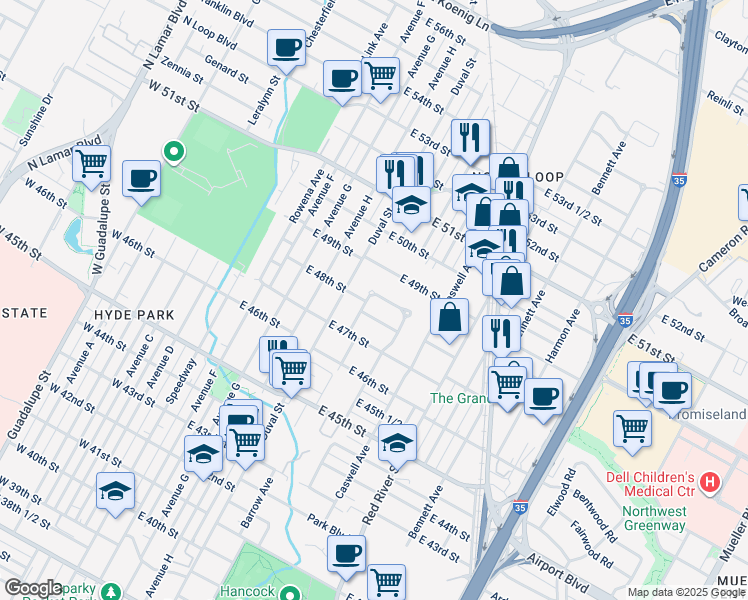 map of restaurants, bars, coffee shops, grocery stores, and more near 4805 Evans Avenue in Austin