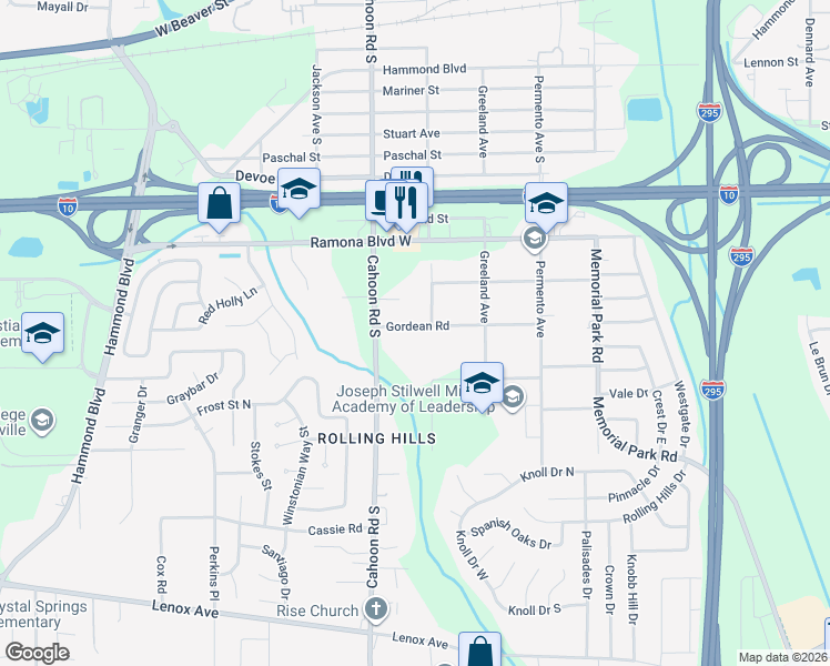 map of restaurants, bars, coffee shops, grocery stores, and more near 8006 Gordean Road in Jacksonville