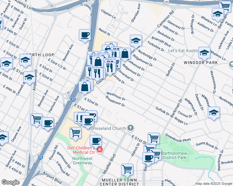 map of restaurants, bars, coffee shops, grocery stores, and more near 5303 Abingdon Place in Austin