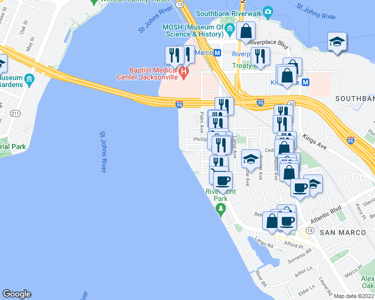 map of restaurants, bars, coffee shops, grocery stores, and more near Cedar St & Le Baron Ave in Jacksonville