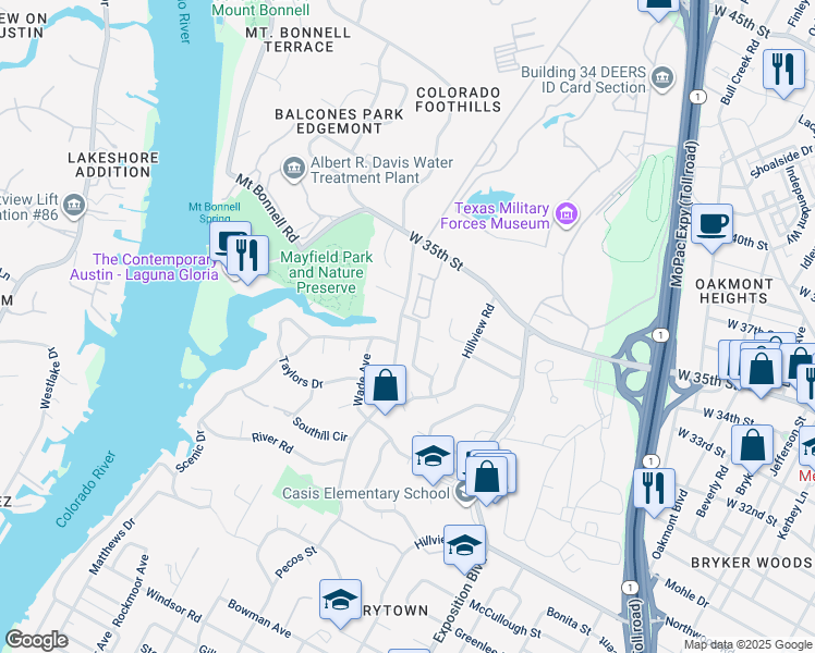map of restaurants, bars, coffee shops, grocery stores, and more near 3421 Pecos Street in Austin