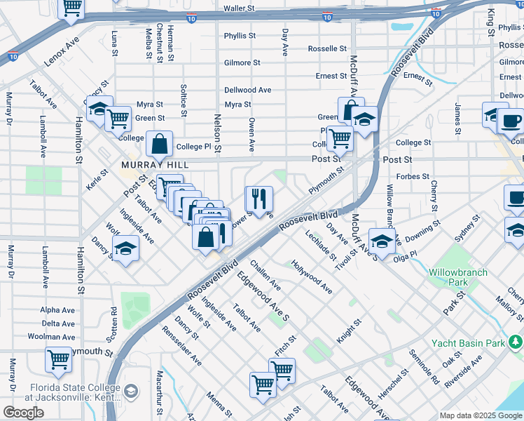 map of restaurants, bars, coffee shops, grocery stores, and more near 1176 Owen Avenue in Jacksonville