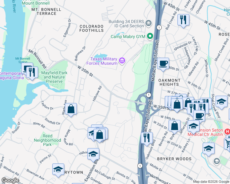 map of restaurants, bars, coffee shops, grocery stores, and more near 2612 West 35th Street in Austin