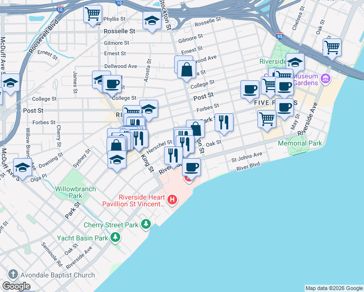 map of restaurants, bars, coffee shops, grocery stores, and more near 1614 Barrs Street in Jacksonville