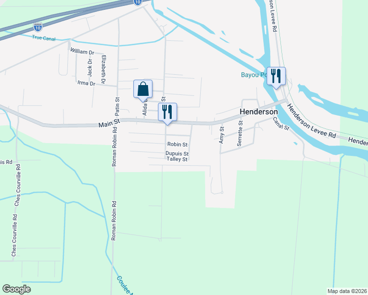 map of restaurants, bars, coffee shops, grocery stores, and more near 1005 Robin Street in Breaux Bridge