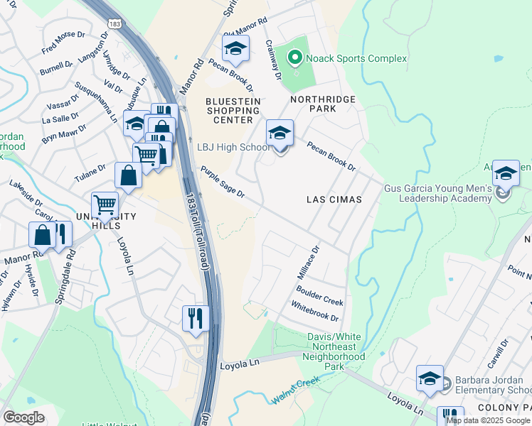 map of restaurants, bars, coffee shops, grocery stores, and more near 5309 Purple Sage Drive in Austin