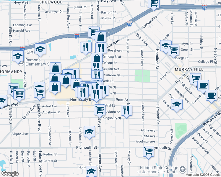 map of restaurants, bars, coffee shops, grocery stores, and more near 4808 French Street in Jacksonville