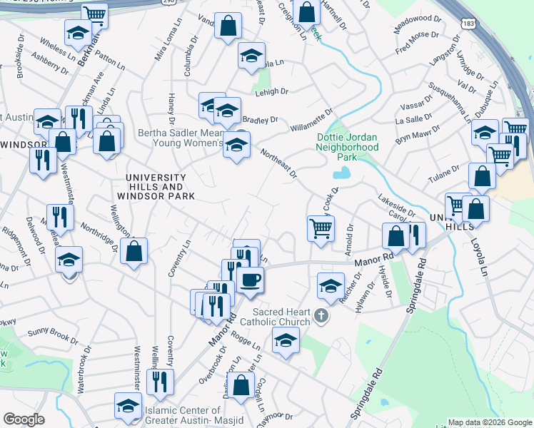 map of restaurants, bars, coffee shops, grocery stores, and more near 2749 Bristol Drive in Austin