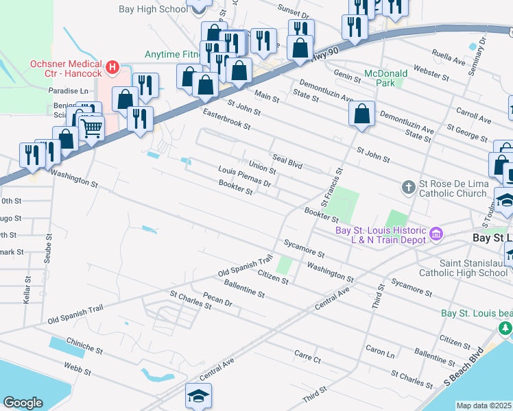 map of restaurants, bars, coffee shops, grocery stores, and more near 615 Keller Street in Bay Saint Louis