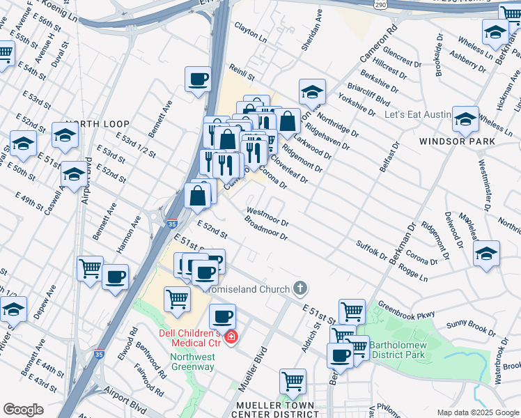 map of restaurants, bars, coffee shops, grocery stores, and more near 5303 Abingdon Place in Austin