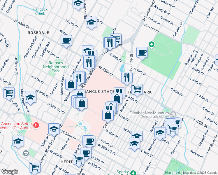 map of restaurants, bars, coffee shops, grocery stores, and more near 909 West 45th Street in Austin