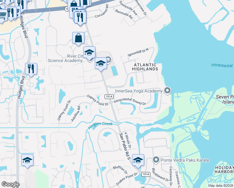 map of restaurants, bars, coffee shops, grocery stores, and more near 13828 Soft Wind Trail North in Jacksonville