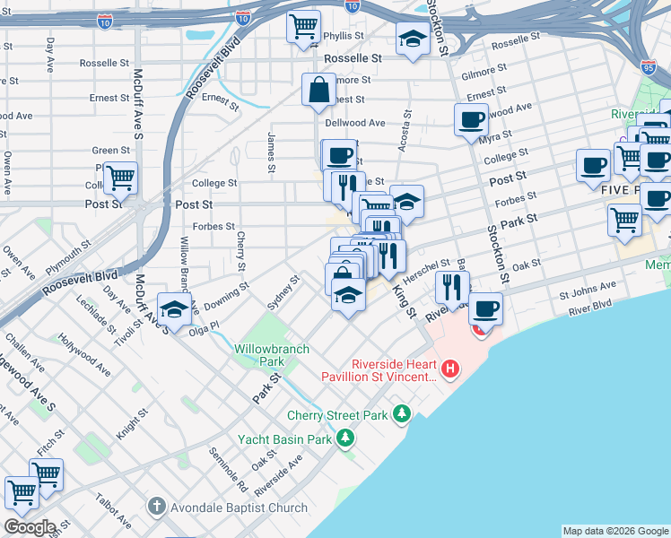 map of restaurants, bars, coffee shops, grocery stores, and more near 2759 Lydia Street in Jacksonville