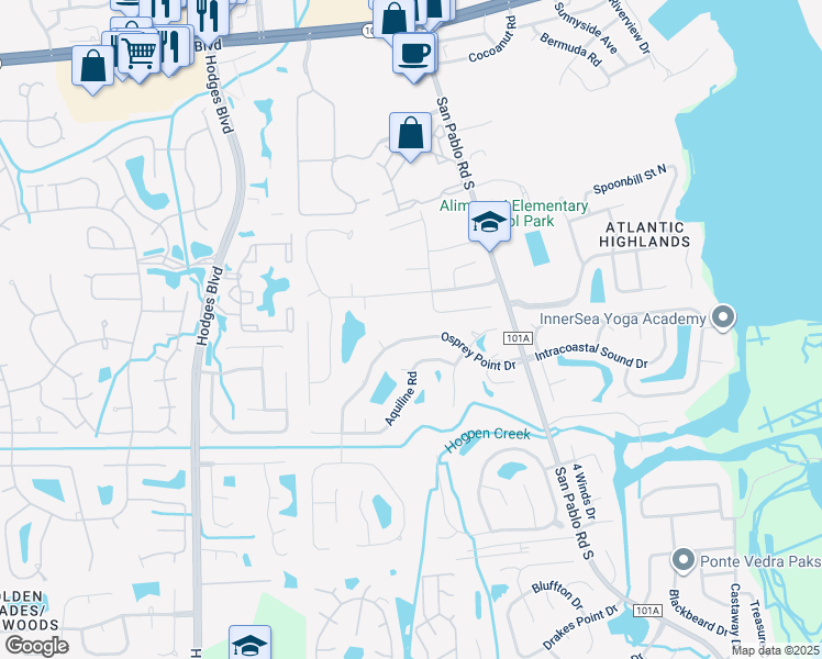map of restaurants, bars, coffee shops, grocery stores, and more near 13569 Osprey Point Drive in Jacksonville