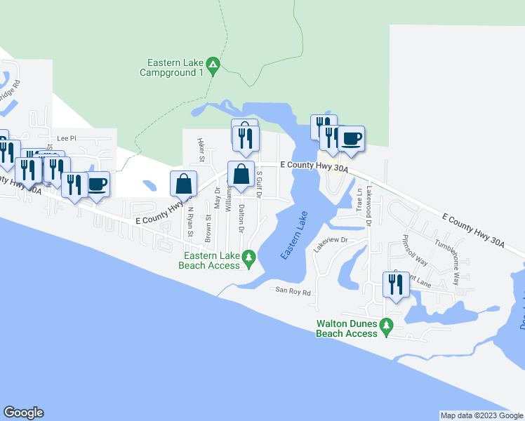 map of restaurants, bars, coffee shops, grocery stores, and more near 173 South Gulf Drive in Santa Rosa Beach