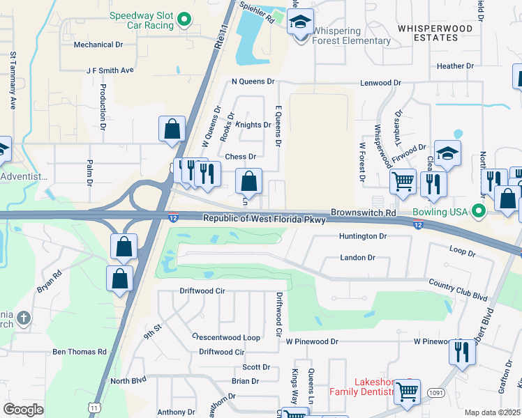 map of restaurants, bars, coffee shops, grocery stores, and more near 310 Parkway North Drive in Slidell