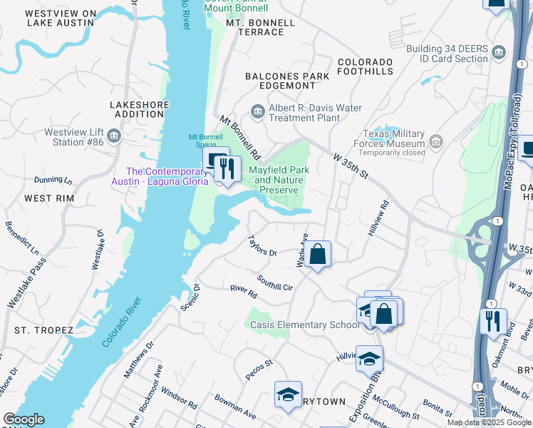 map of restaurants, bars, coffee shops, grocery stores, and more near 3702 Meadowbank Drive in Austin