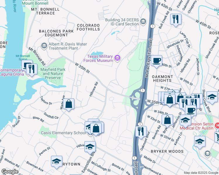 map of restaurants, bars, coffee shops, grocery stores, and more near 2612 West 35th Street in Austin