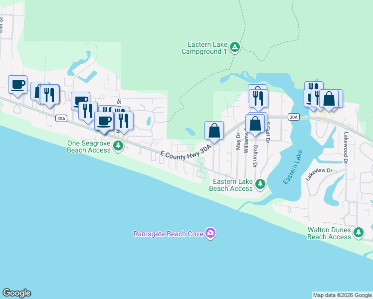 map of restaurants, bars, coffee shops, grocery stores, and more near 31 Sea Nest Lane in Santa Rosa Beach