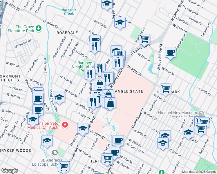 map of restaurants, bars, coffee shops, grocery stores, and more near 4200 North Lamar Boulevard in Austin