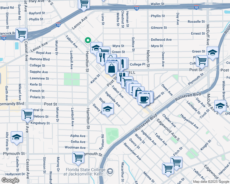 map of restaurants, bars, coffee shops, grocery stores, and more near 1040 Talbot Avenue in Jacksonville