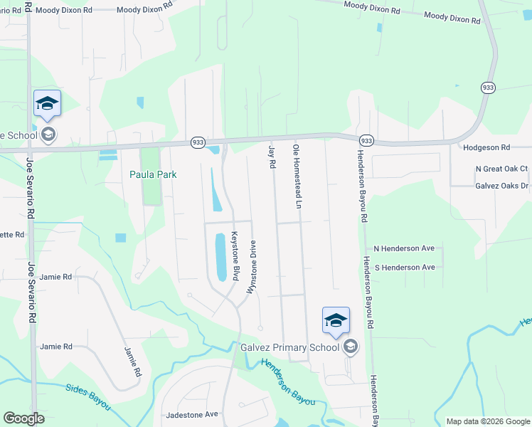 map of restaurants, bars, coffee shops, grocery stores, and more near 16425 Jay Road in Prairieville