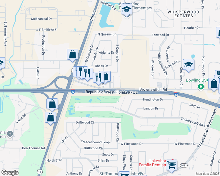 map of restaurants, bars, coffee shops, grocery stores, and more near 310 Parkway North Drive in Slidell