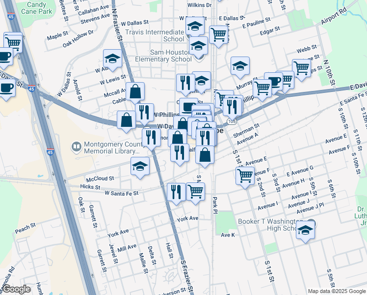 map of restaurants, bars, coffee shops, grocery stores, and more near 312 Metcalf Street in Conroe