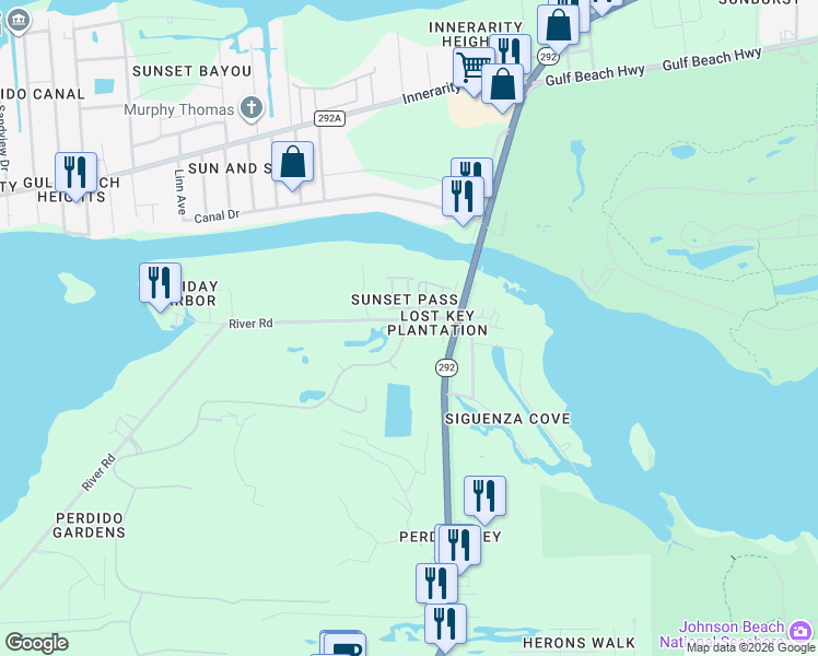 map of restaurants, bars, coffee shops, grocery stores, and more near 50 Maxfli Place in Pensacola