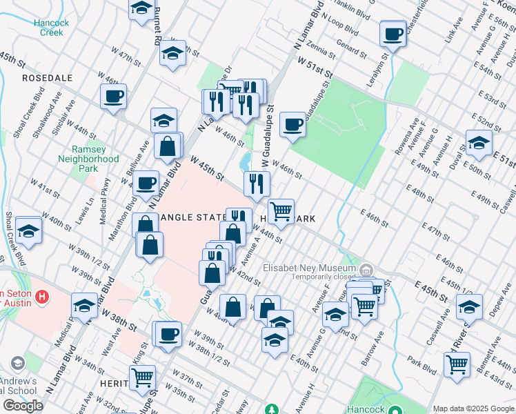 map of restaurants, bars, coffee shops, grocery stores, and more near 4413 Guadalupe Street in Austin