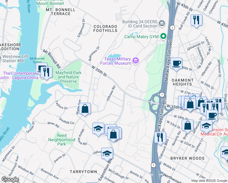 map of restaurants, bars, coffee shops, grocery stores, and more near 3407 Hillview Road in Austin