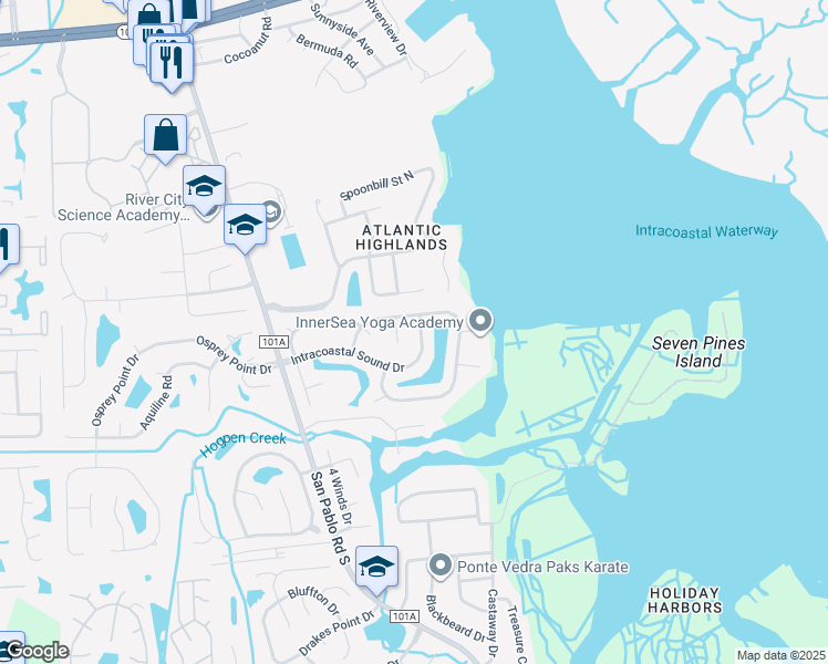map of restaurants, bars, coffee shops, grocery stores, and more near 2130 Intracoastal Sound Drive East in Jacksonville
