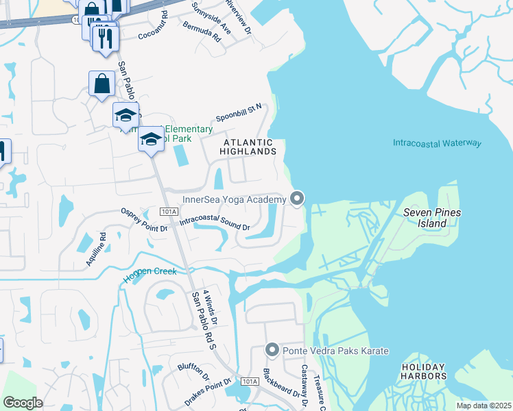 map of restaurants, bars, coffee shops, grocery stores, and more near 2130 Intracoastal Sound Drive East in Jacksonville