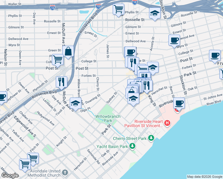 map of restaurants, bars, coffee shops, grocery stores, and more near 2810 Downing Street in Jacksonville