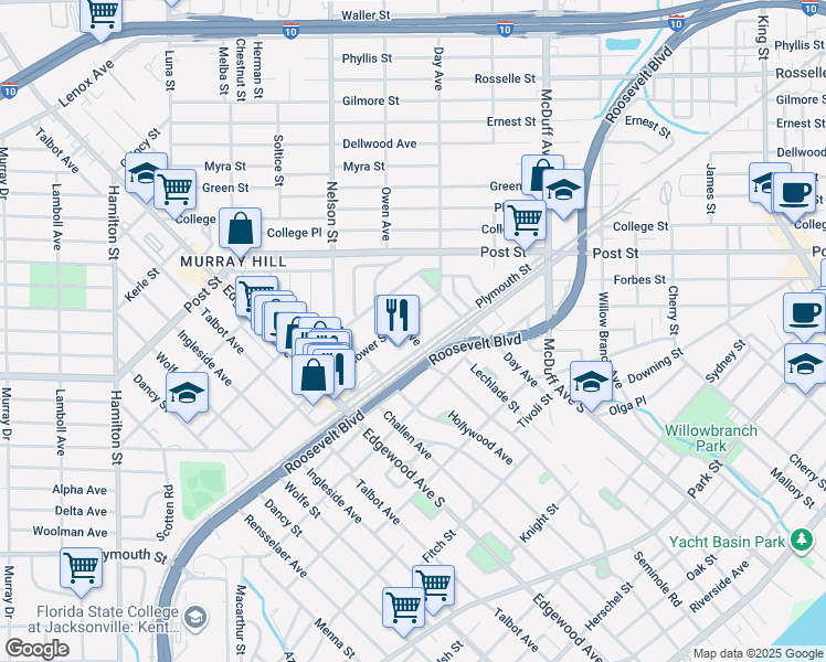 map of restaurants, bars, coffee shops, grocery stores, and more near 1176 Owen Avenue in Jacksonville